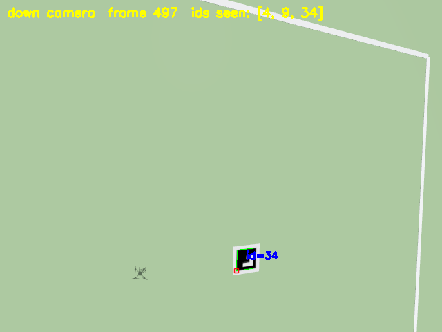 The drone's downward camera: green grass, the white field boundary, and ArUco marker 34 outlined with its id label; the drone's shadow is visible nearby.