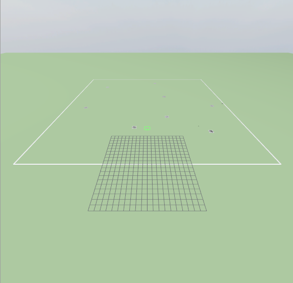Gazebo view of the 60 by 60 metre search field outlined in white, with small square markers spread across it and the launch grid at the near edge.